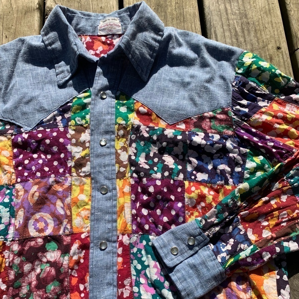 Rags by Ande Handmade Patchwork Button Down Long Sleeve Shirt with Pearl Snaps